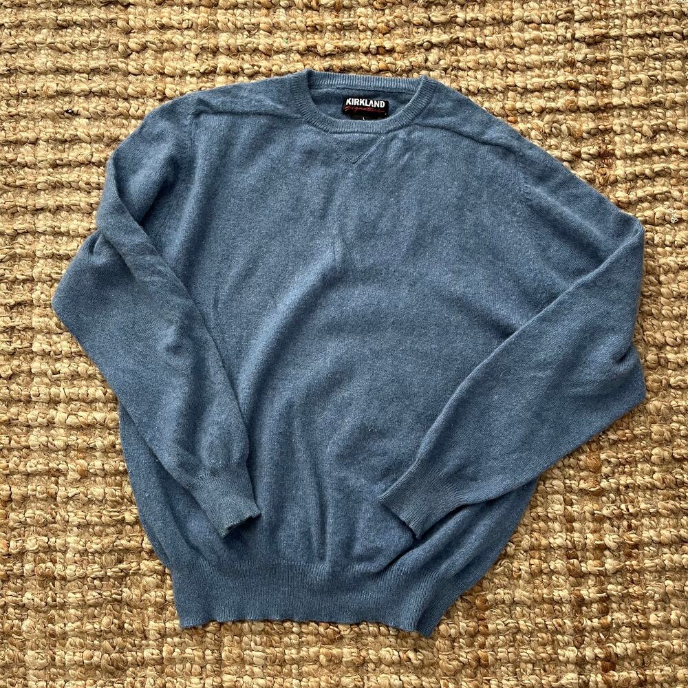 Kirkland Signature Men's 100% 2-Ply Cashmere Sweater Blue Crewneck Size L Luxury